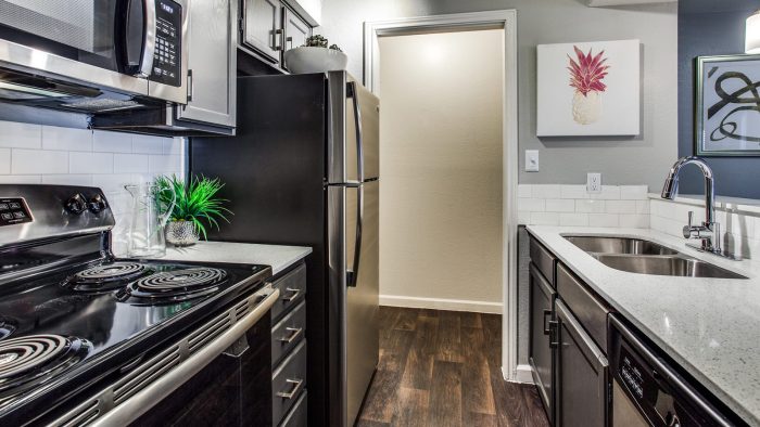 kitchen with stainless steel appliances and black cabinets at The Maxwell